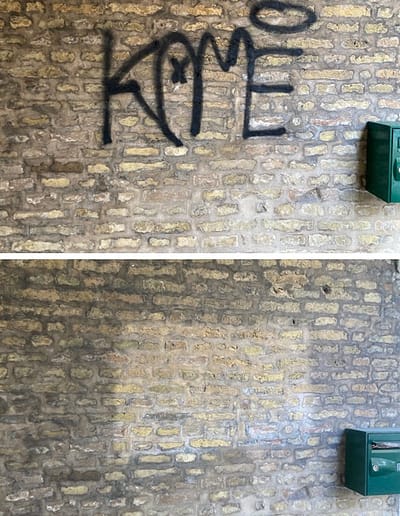 Avant/après nettoyage de tag sur un mur